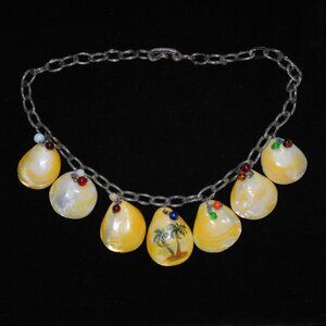 Vintage Shell & Lucite Necklace with Beads and Painted Palm Tree